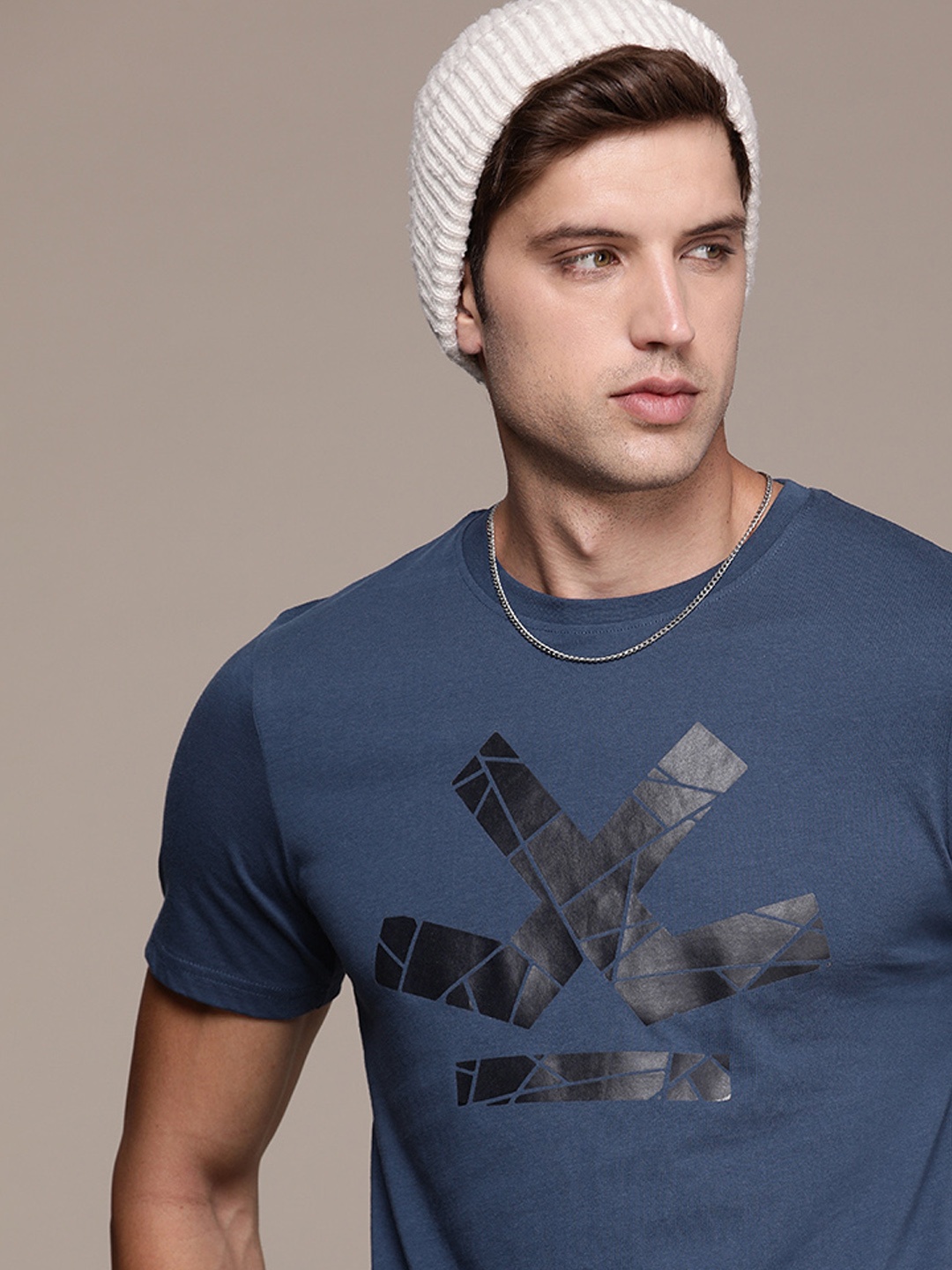 

WROGN Brand Logo Printed Slim Fit Pure Cotton T-shirt, Blue