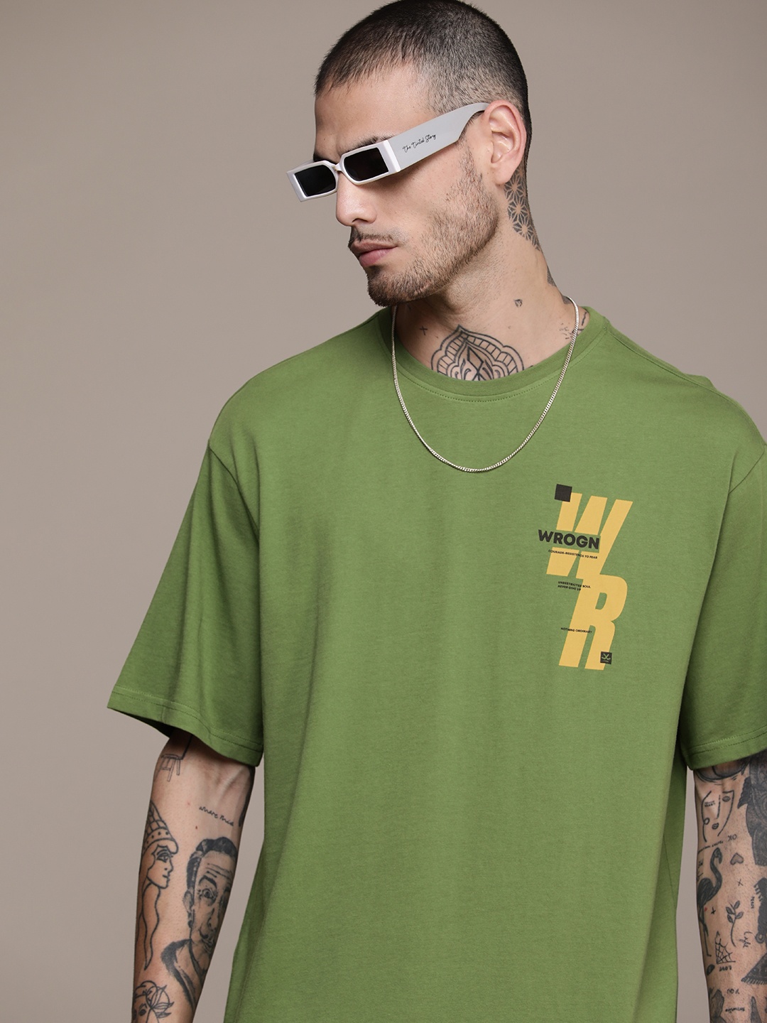 

WROGN Brand Logo Printed Pure Cotton Oversized Casual T-shirt, Olive