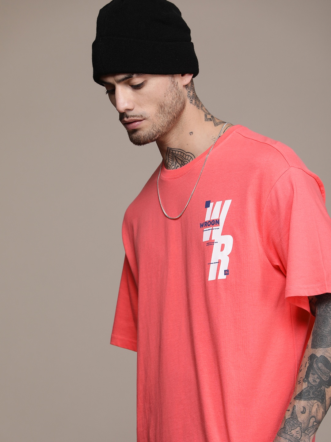 

WROGN Brand Logo Printed Pure Cotton Oversized Casual T-shirt, Coral