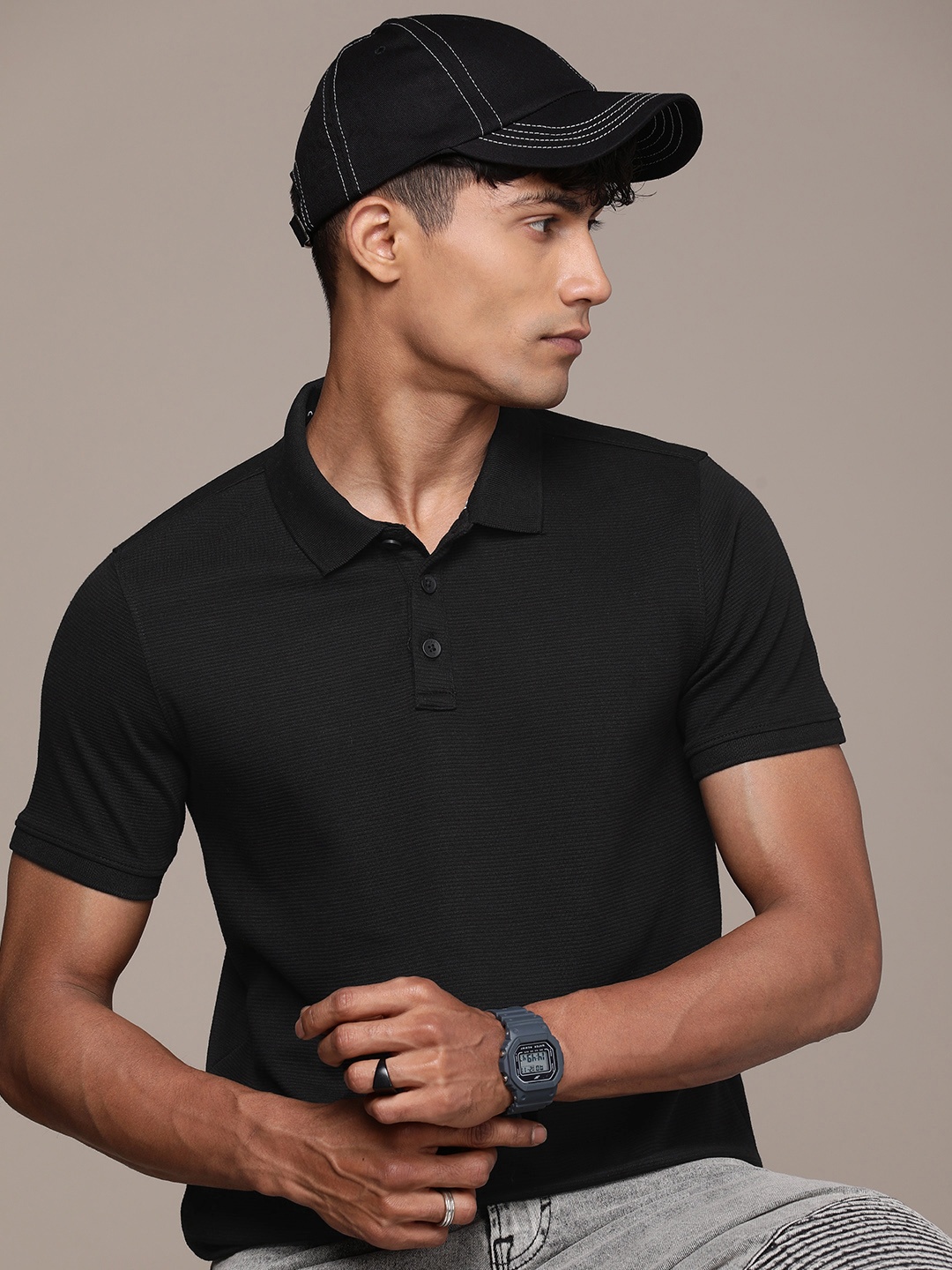 WROGN Polo Collar Ribbed Slim Fit T-shirts, Black