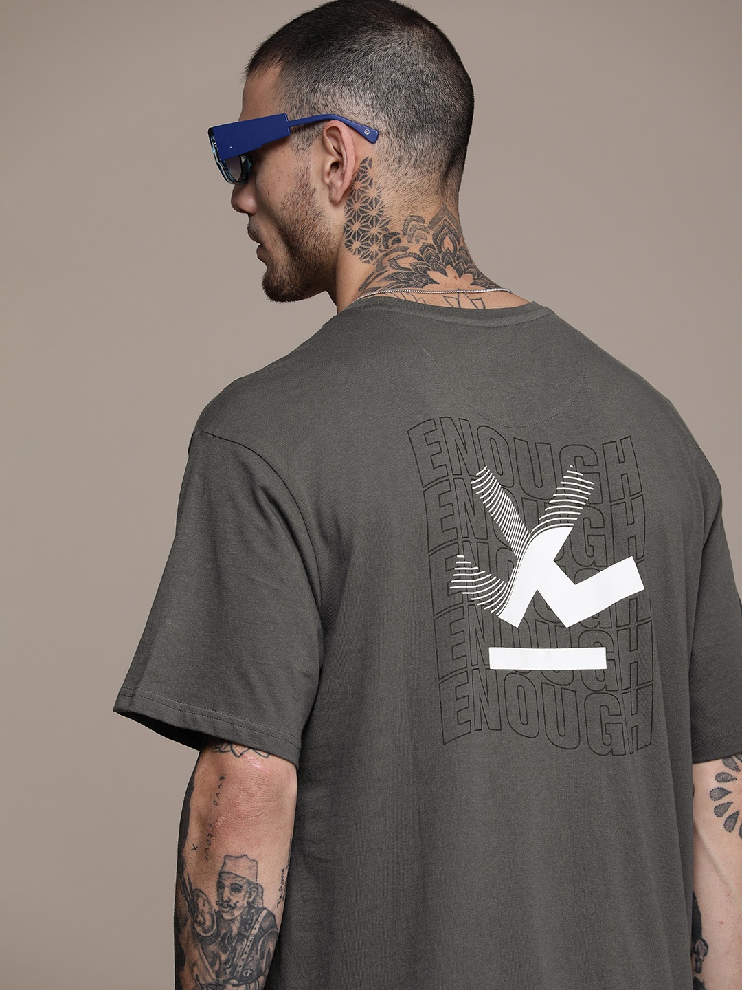 

WROGN Brand Logo Printed Pure Cotton Oversized Casual T-shirt, Grey