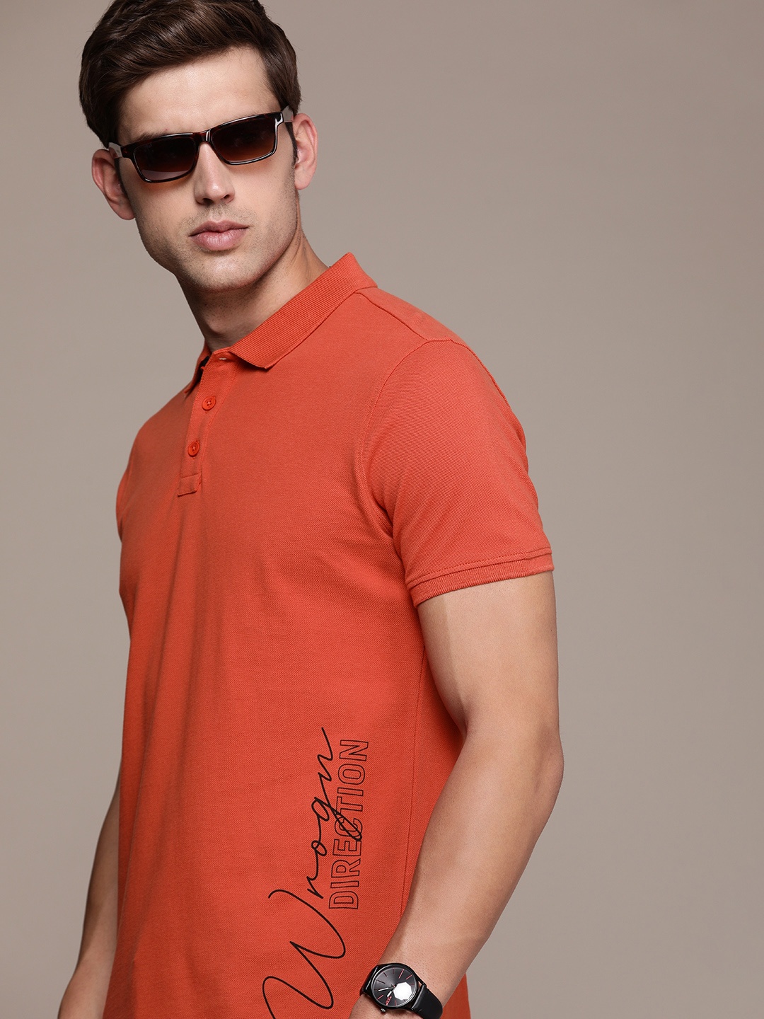 

WROGN Pure Cotton Printed Slim Fit Polo Collar T-shirt, Orange