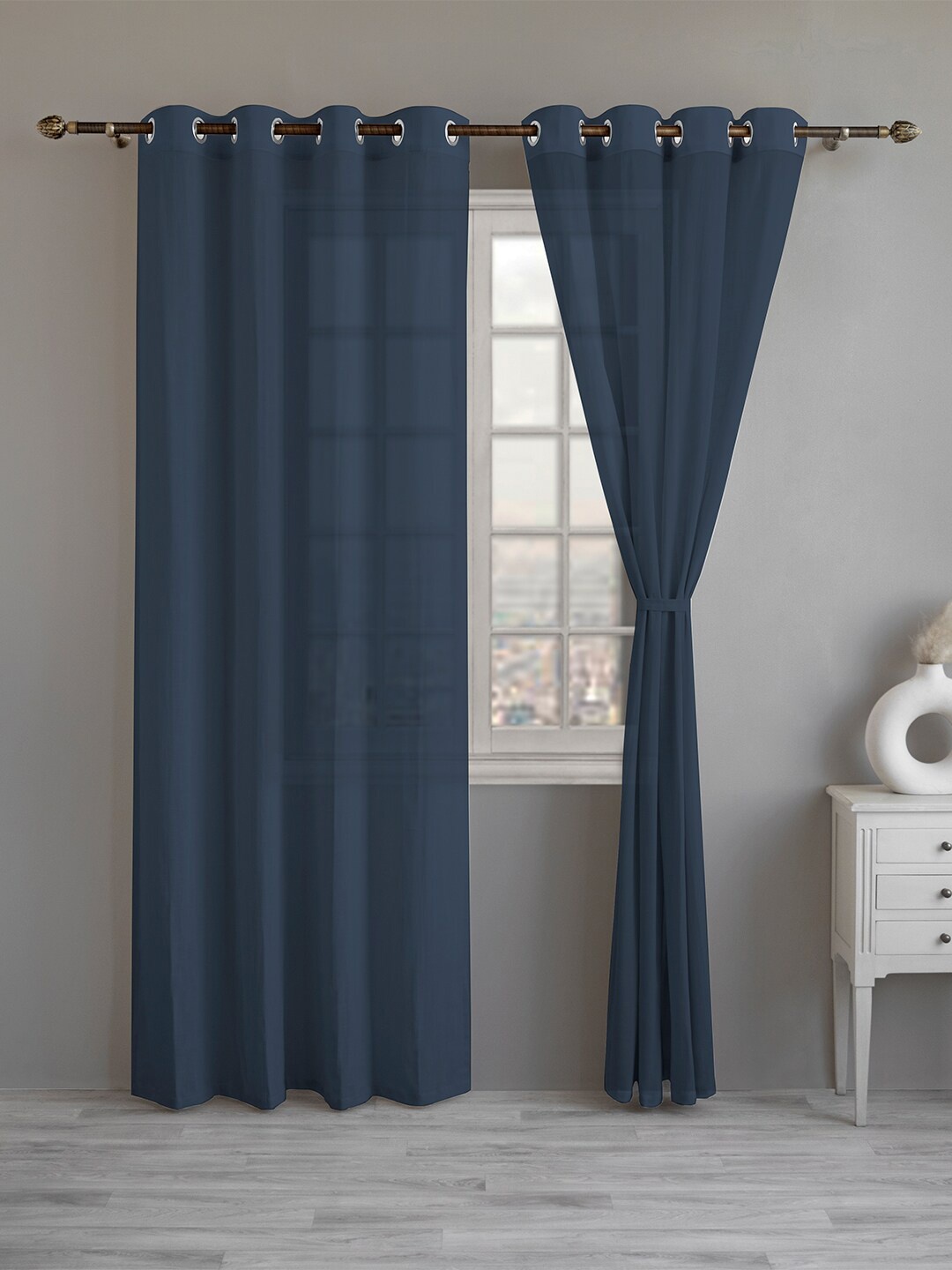 

LINENWALAS Happy Sleeping 2 Pcs Navy Blue Sheer Cotton Window Curtain