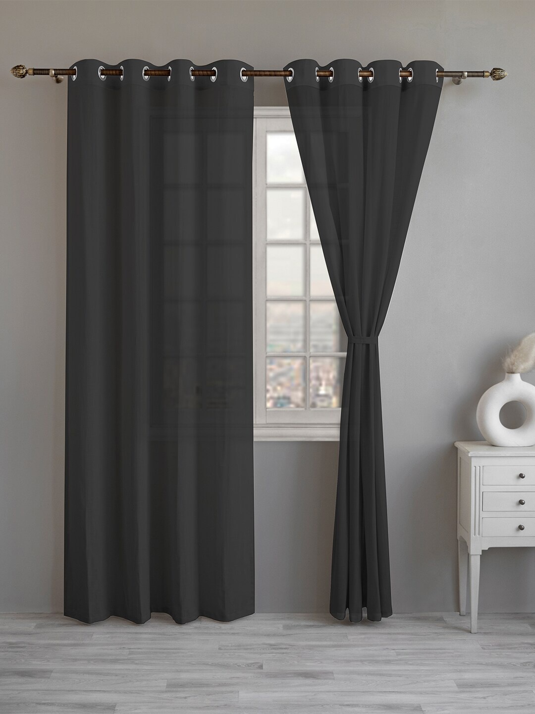 

LINENWALAS Happy Sleeping Black 2 Pieces Cotton Sheer Window Curtains