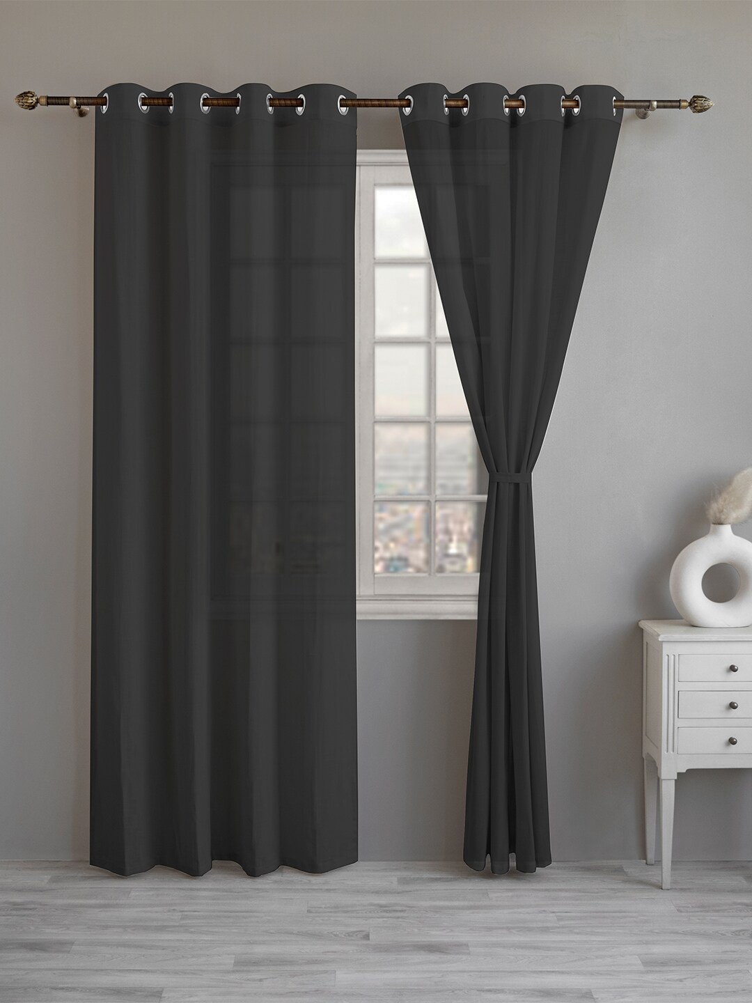 

LINENWALAS Happy Sleeping Black 2 Pieces Sheer Cotton Long Door Curtains