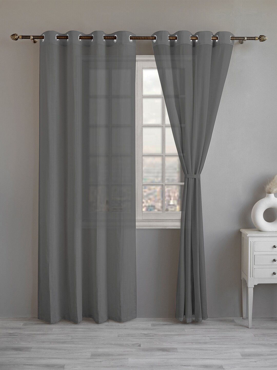 

LINENWALAS Happy Sleeping Grey 2 Pieces Sheer Cotton Linen Door Curtains