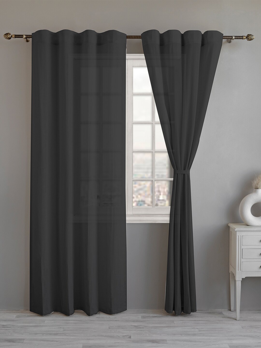 

LINENWALAS Happy Sleeping Black 2 Pieces Sheer Cotton Long Door Curtains