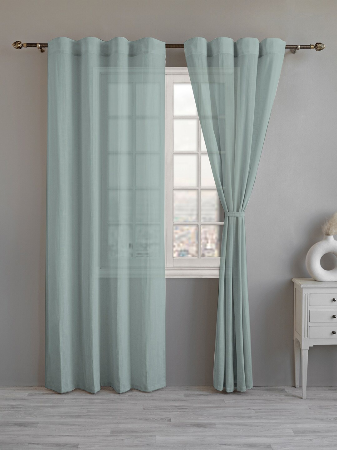 

LINENWALAS Happy Sleeping 2 Pcs Turquoise Blue Sheer Cotton Window Curtain