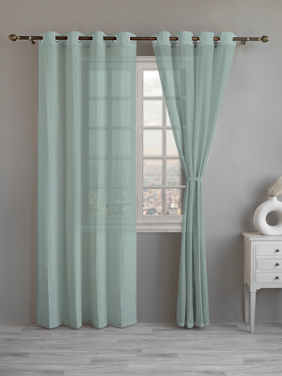 

LINENWALAS Happy Sleeping Turquoise Blue 2 Pieces Cotton Sheer Window Curtains