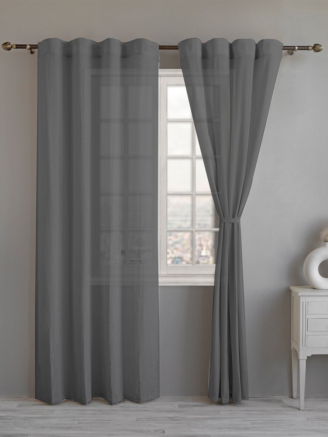 

LINENWALAS Happy Sleeping Grey 2 Pieces Sheer Rod Pocket Cotton Window Curtains