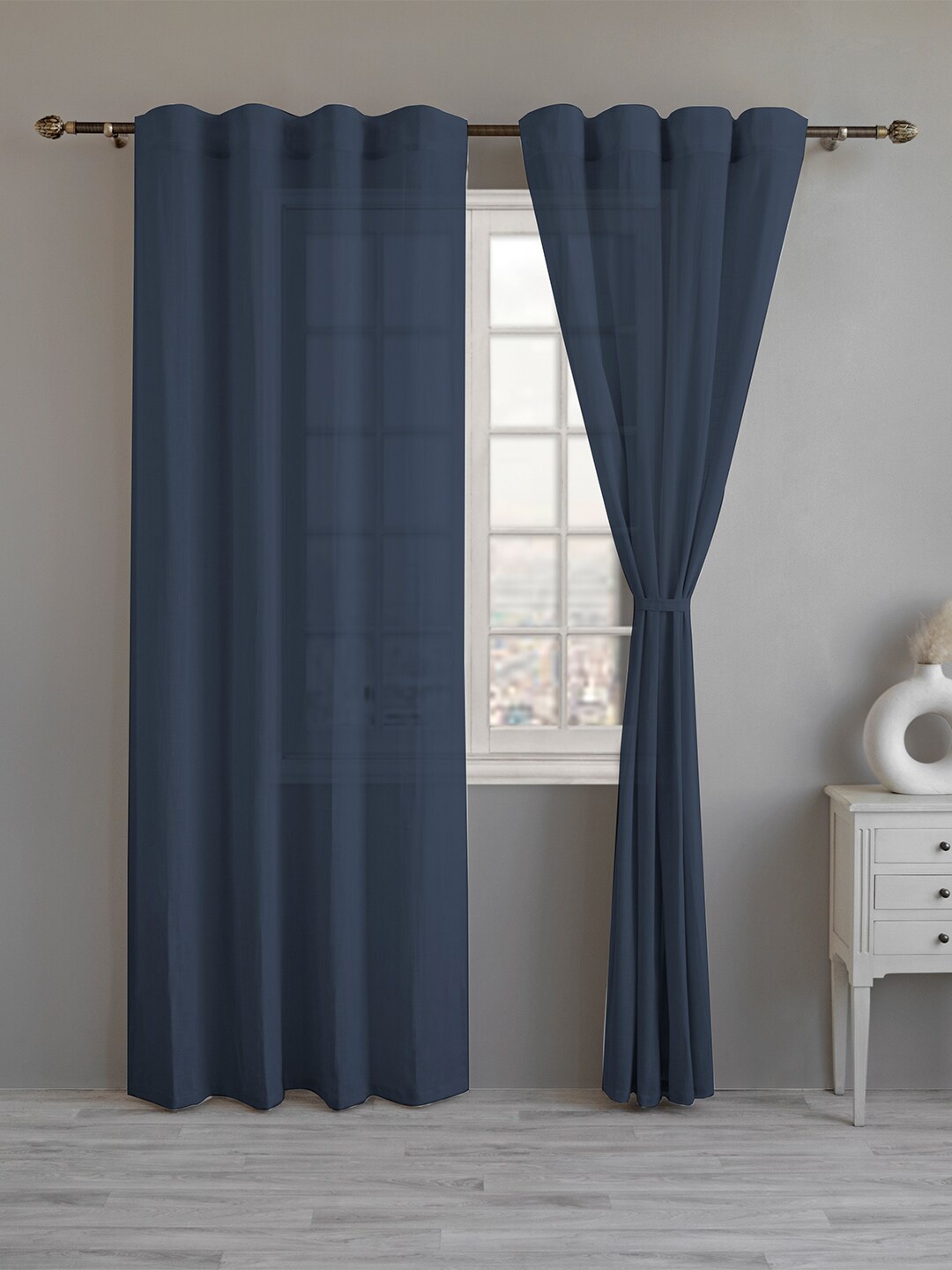 

LINENWALAS Happy Sleeping Navy Blue 2 Pieces Cotton Sheer Window Curtain