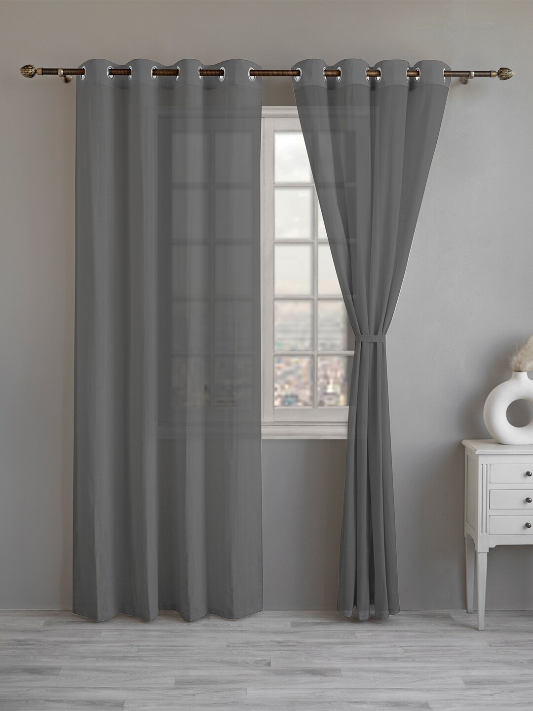 

LINENWALAS Happy Sleeping Grey 2 Pieces Cotton Sheer Long Door Curtains