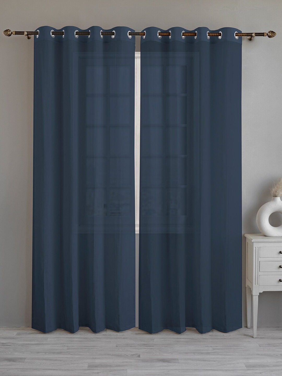

LINENWALAS Happy Sleeping Navy Blue 2 Pieces Sheer Cotton Long Door Curtains