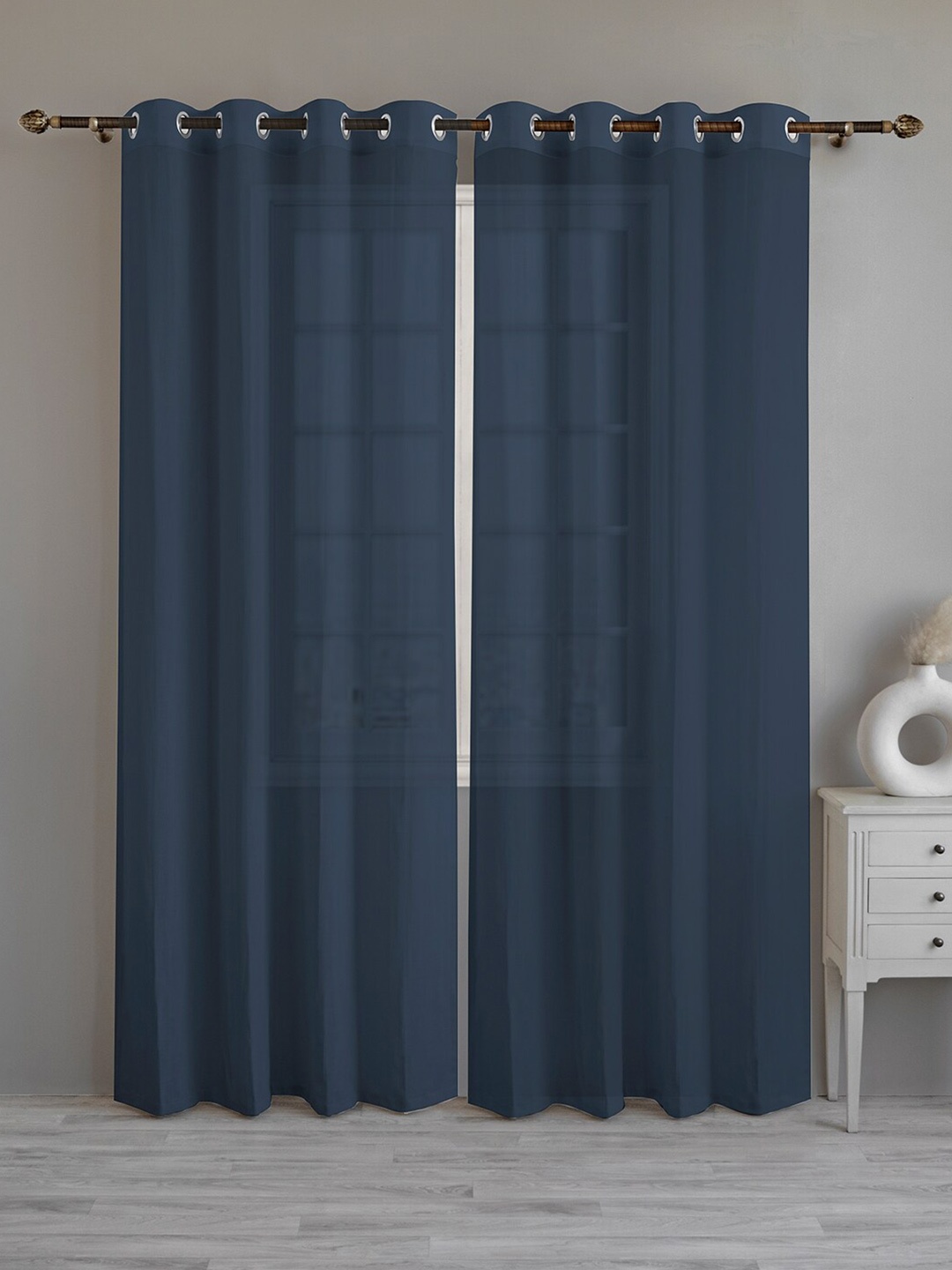 

LINENWALAS Happy Sleeping Navy Blue 2 Pieces Cotton Sheer Door Curtains