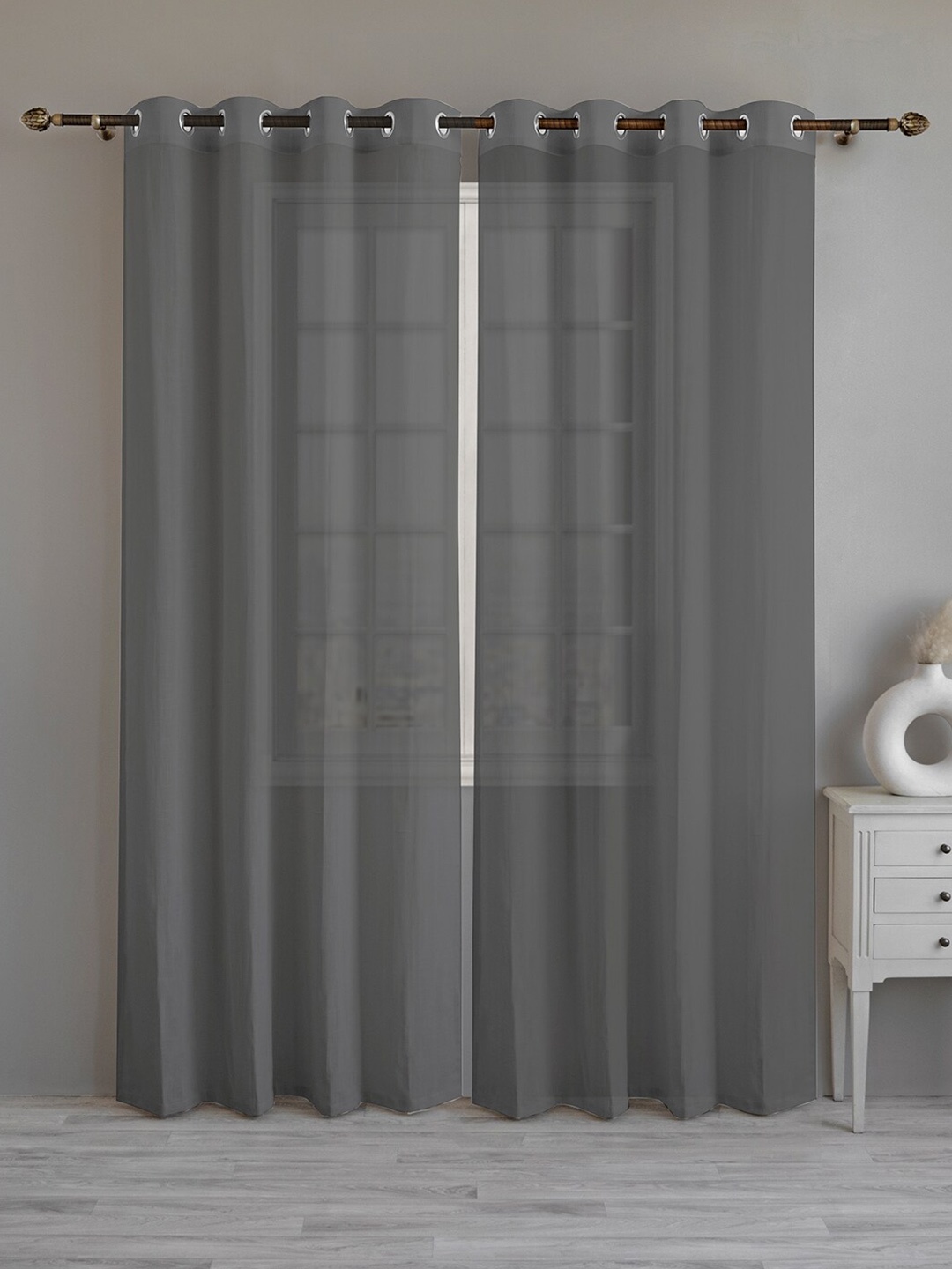 

LINENWALAS Happy Sleeping Grey 2 Pieces Cotton Linen Sheer Window Curtain