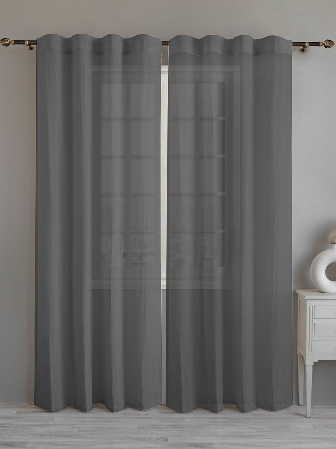 

LINENWALAS Happy Sleeping Grey 2 Pieces Sheer Cotton Long Door Curtains