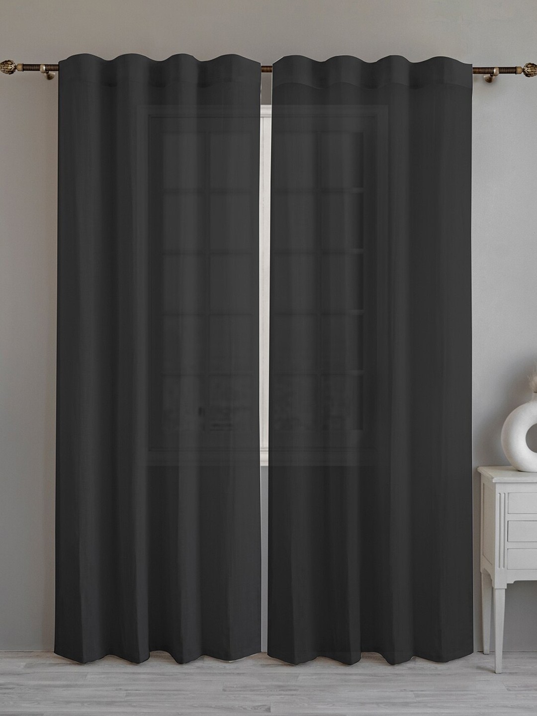 

LINENWALAS Happy Sleeping Black 2 Pieces Cotton Sheer Long Door Curtain