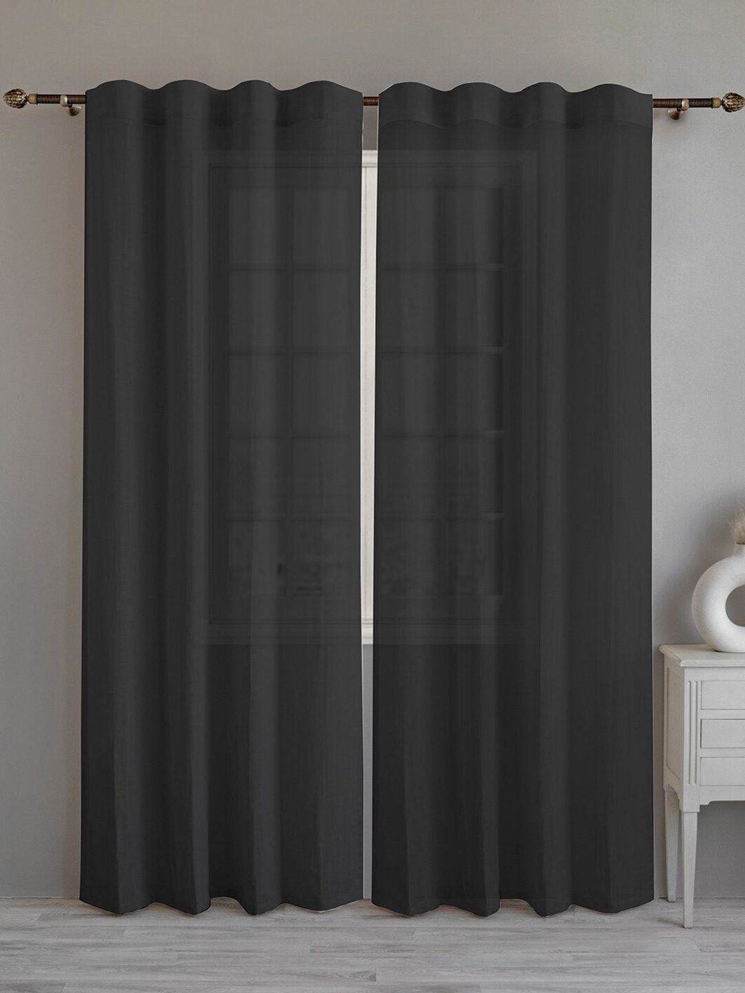 

LINENWALAS Happy Sleeping Black 2 Pieces Sheer Cotton Door Curtains