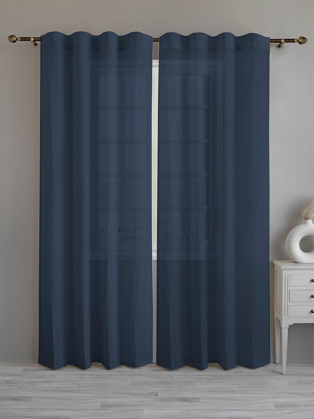 

LINENWALAS Happy Sleeping Navy Blue 2 Pieces Cotton Sheer Window Curtain