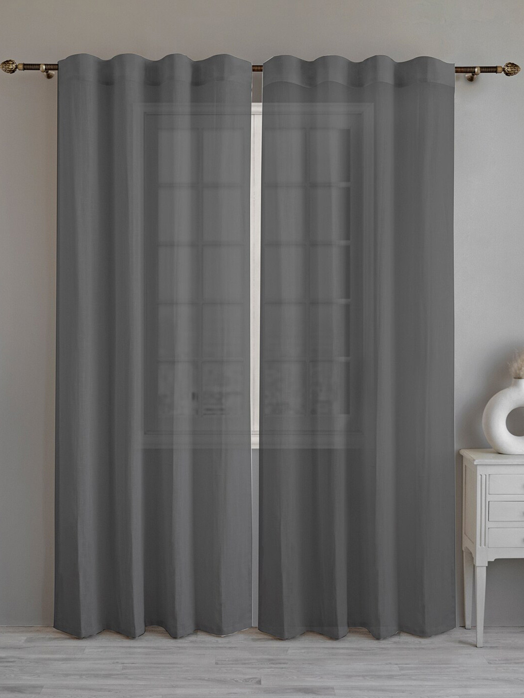 

LINENWALAS Happy Sleeping Grey 2 Pieces Cotton Sheer Door Curtains
