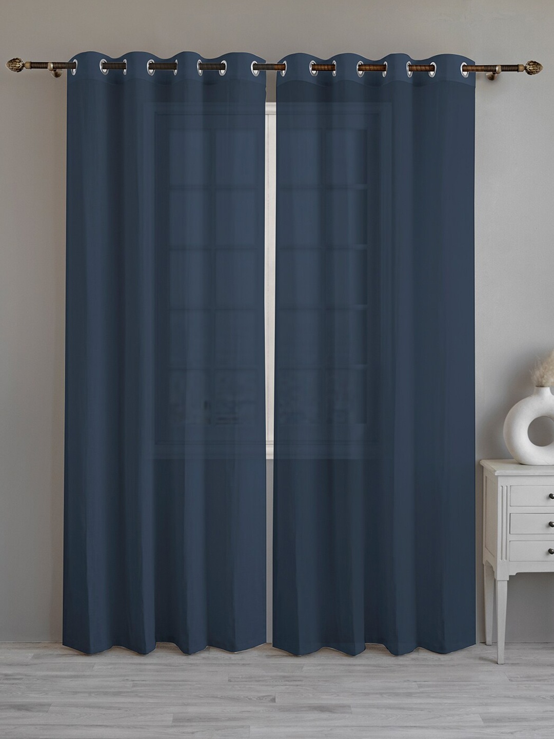 

LINENWALAS Happy Sleeping 2 Pcs Navy Blue Sheer Cotton Window Curtain