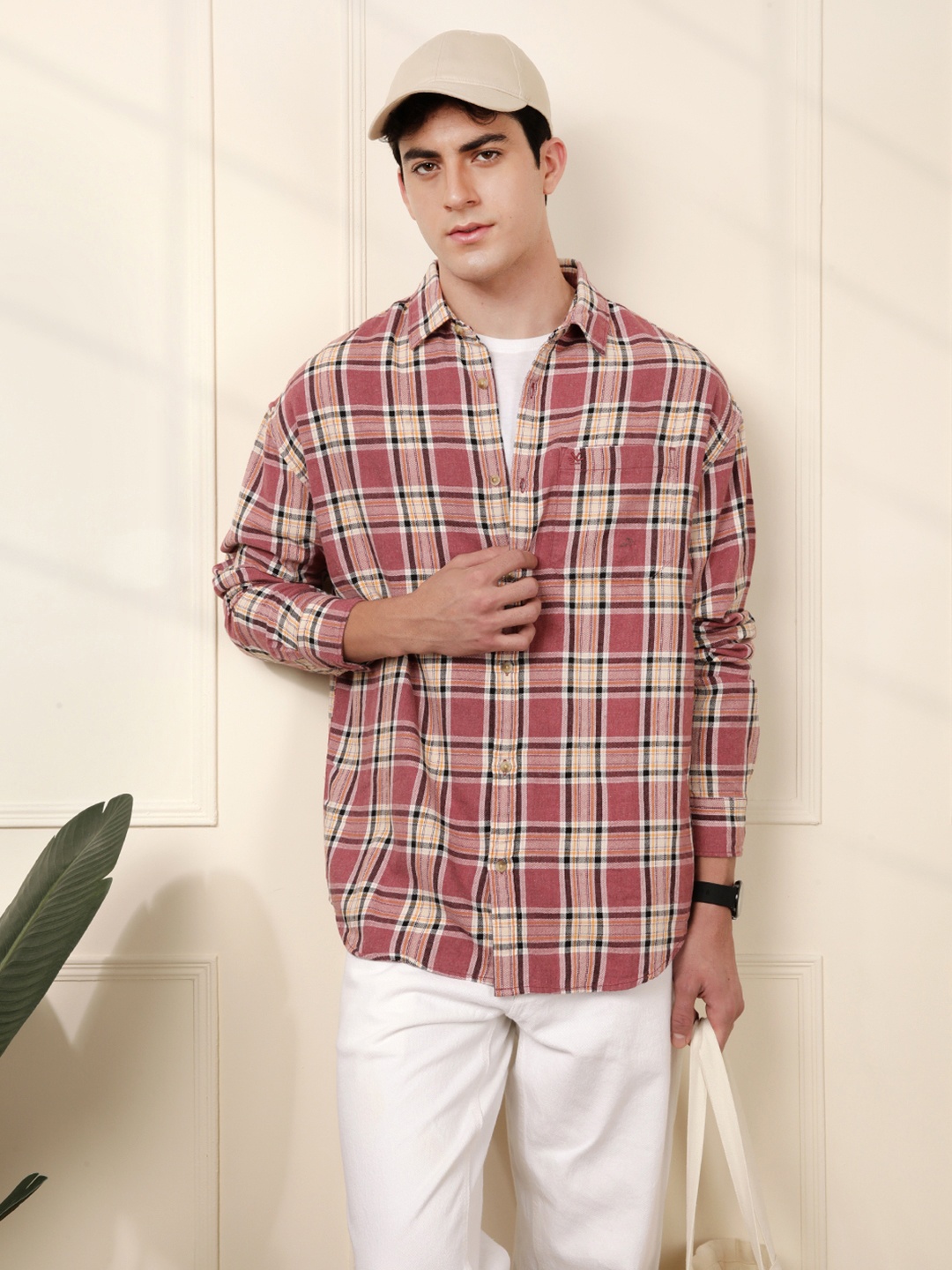 WROGN Oversized Checked Casual Shirt, Pink