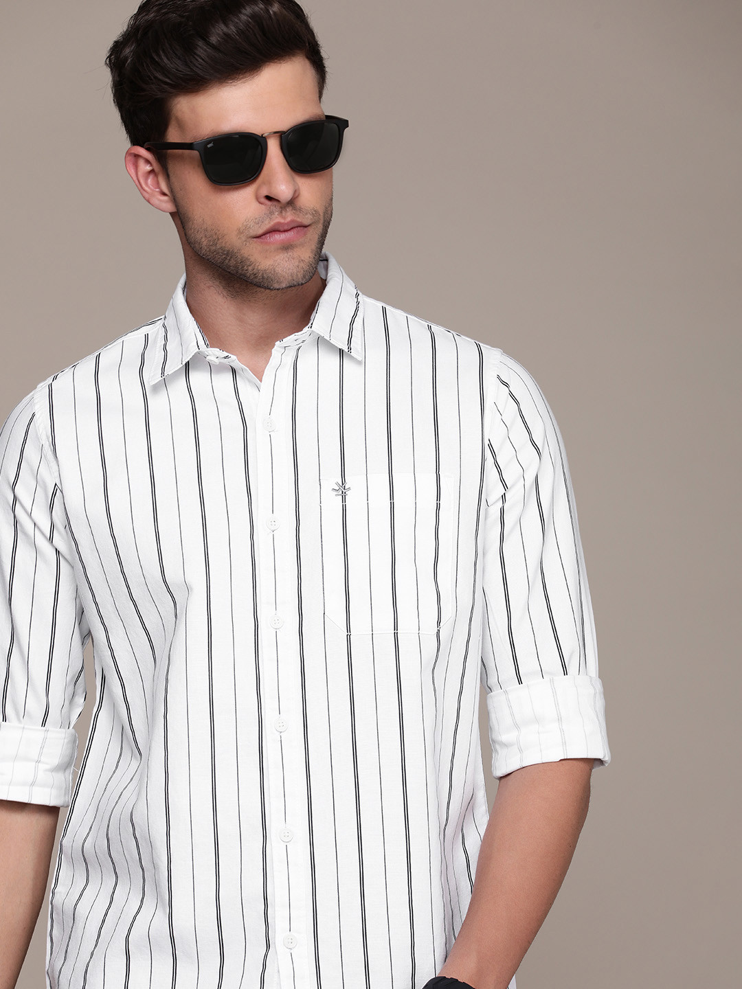 

WROGN Men Pure Cotton Striped Casual Shirt, White