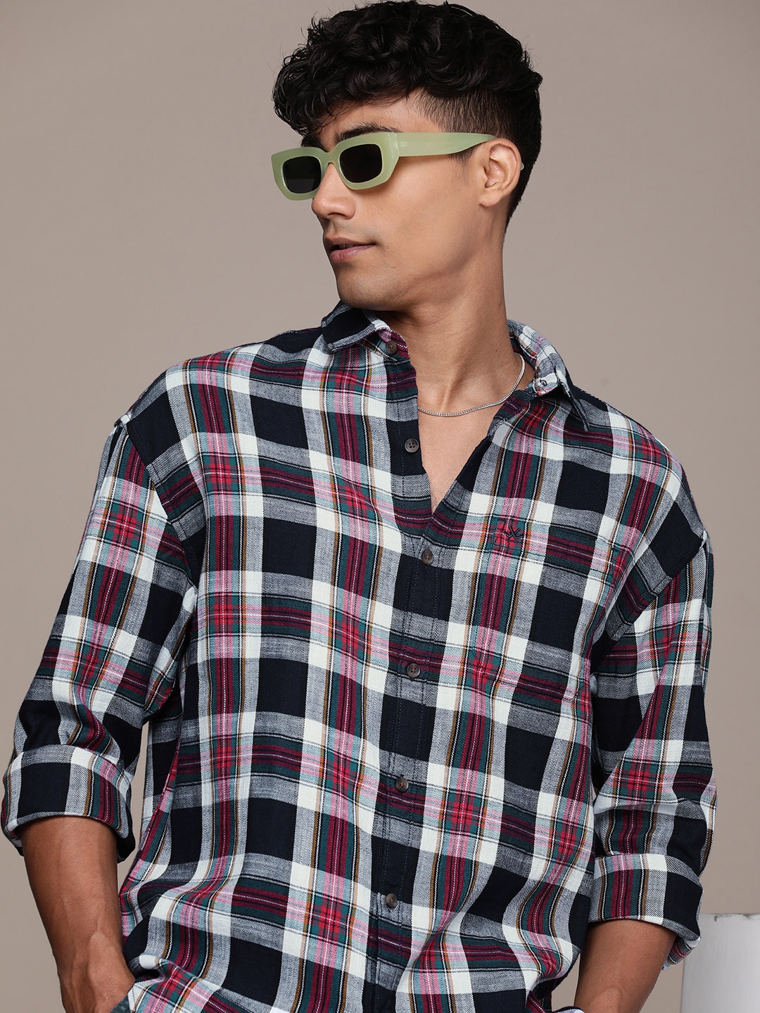 

WROGN Tartan Checks Opaque Pure Cotton Oversized Casual Shirt, Navy blue