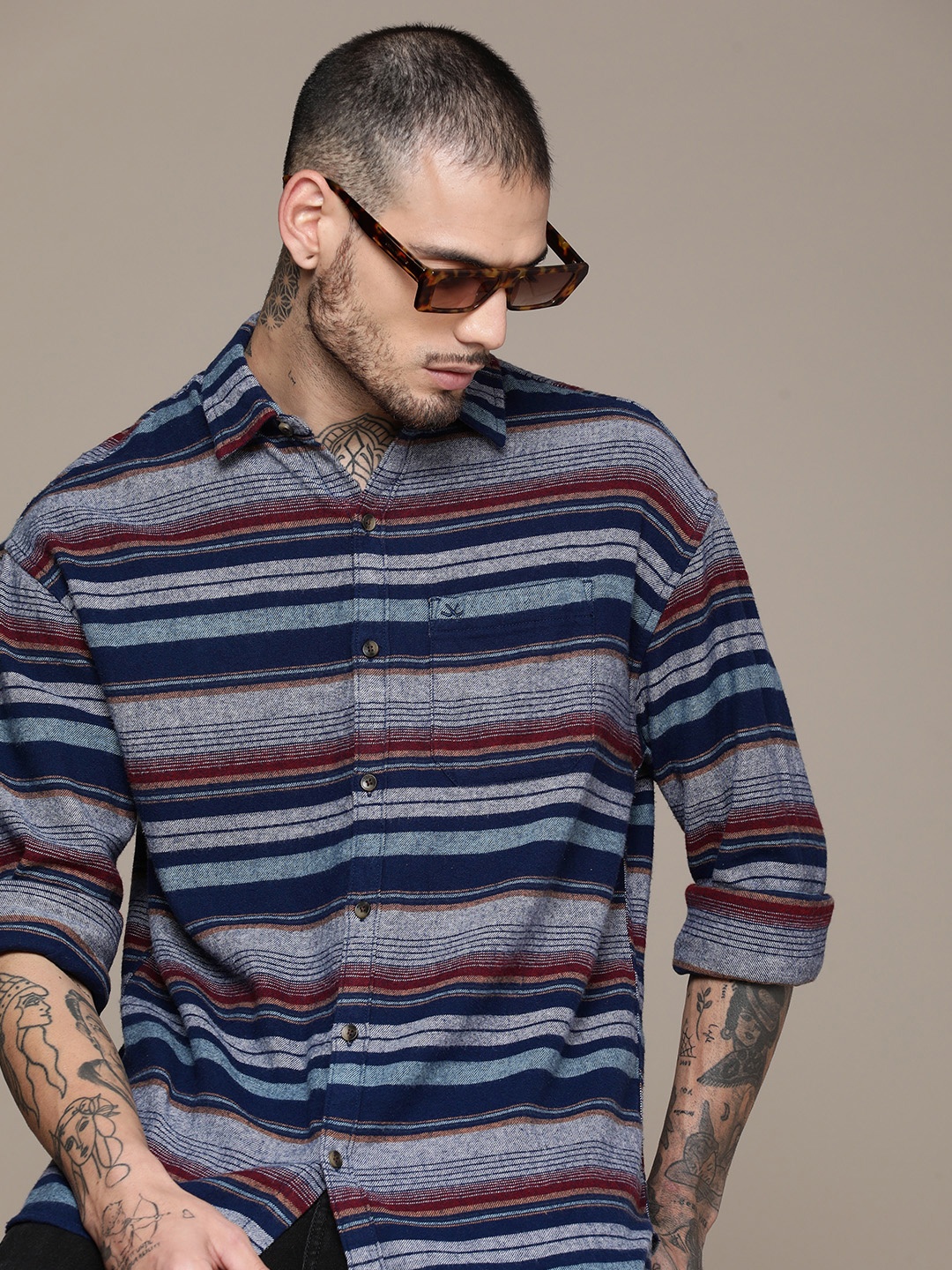 

WROGN Men Pure Cotton Striped Oversized Casual Shirt, Grey melange