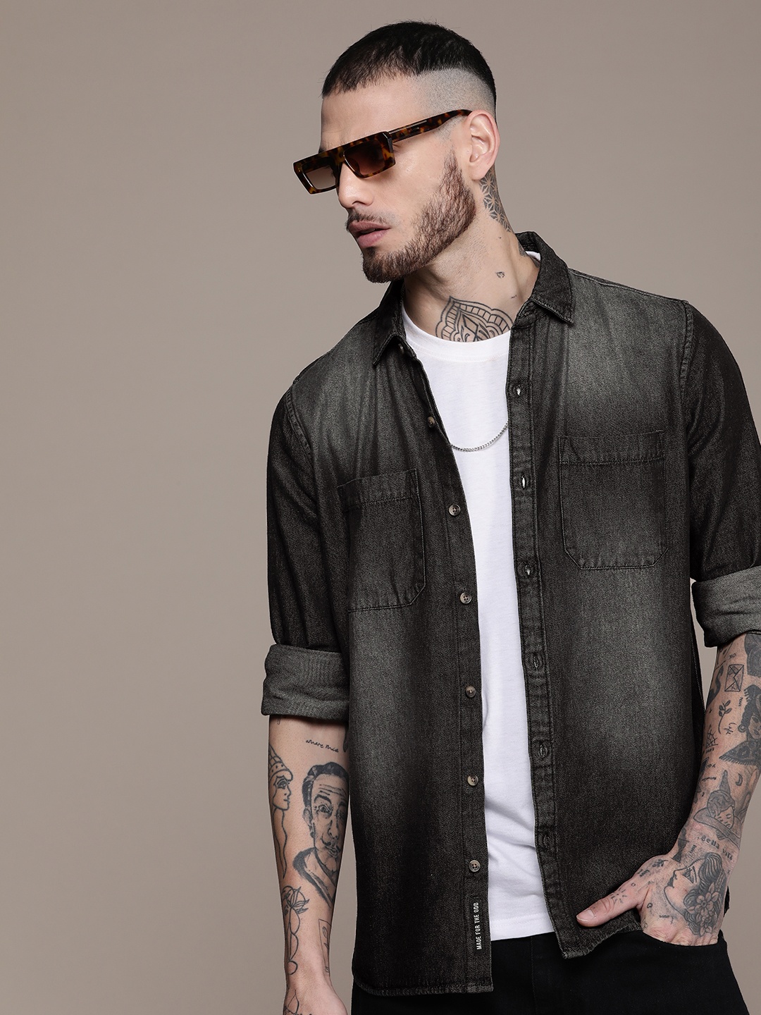 

WROGN Men Slim Fit Faded Pure Cotton Casual Shirt, Grey