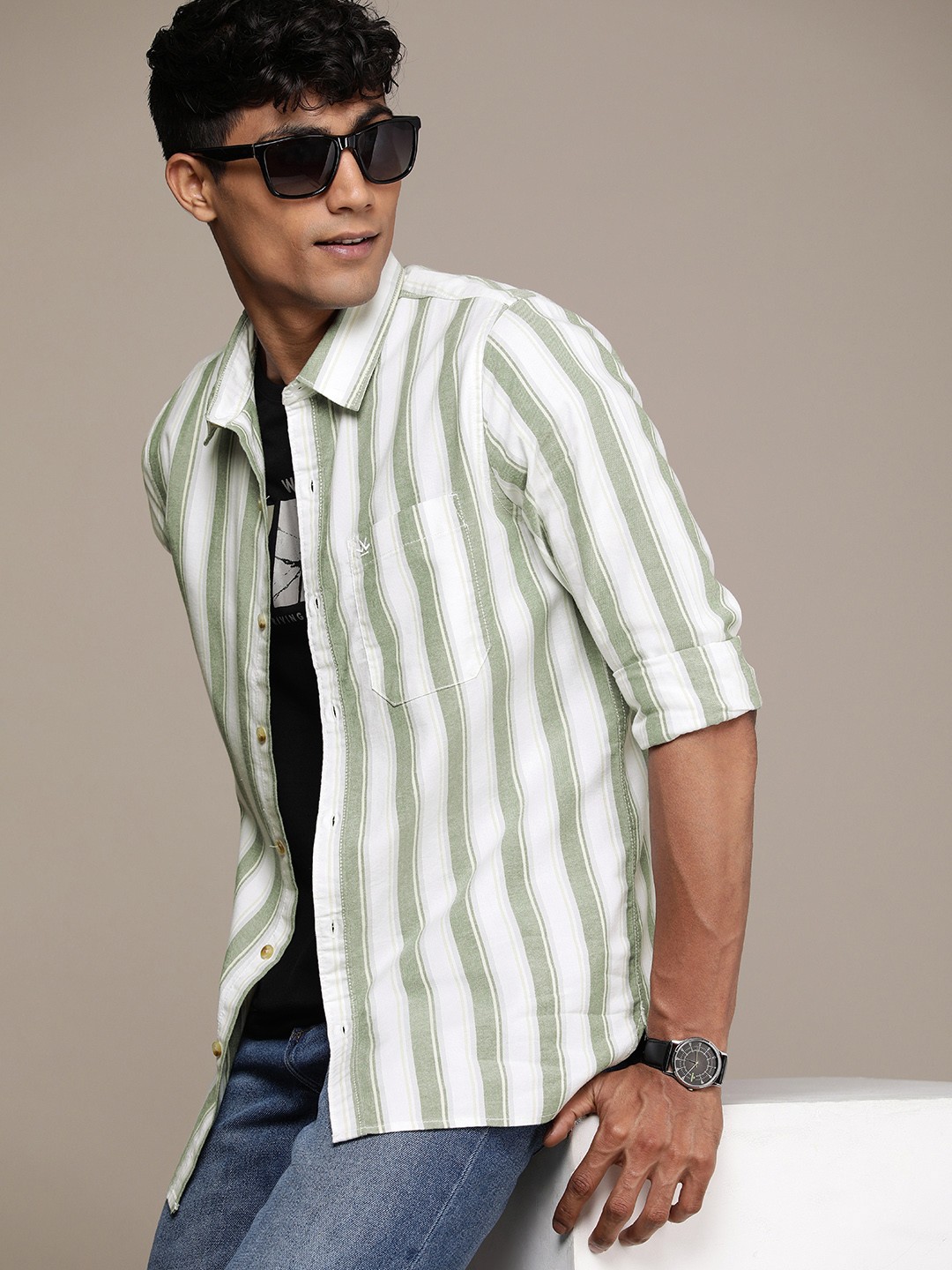 

WROGN Slim Fit Striped Casual Shirt, Green