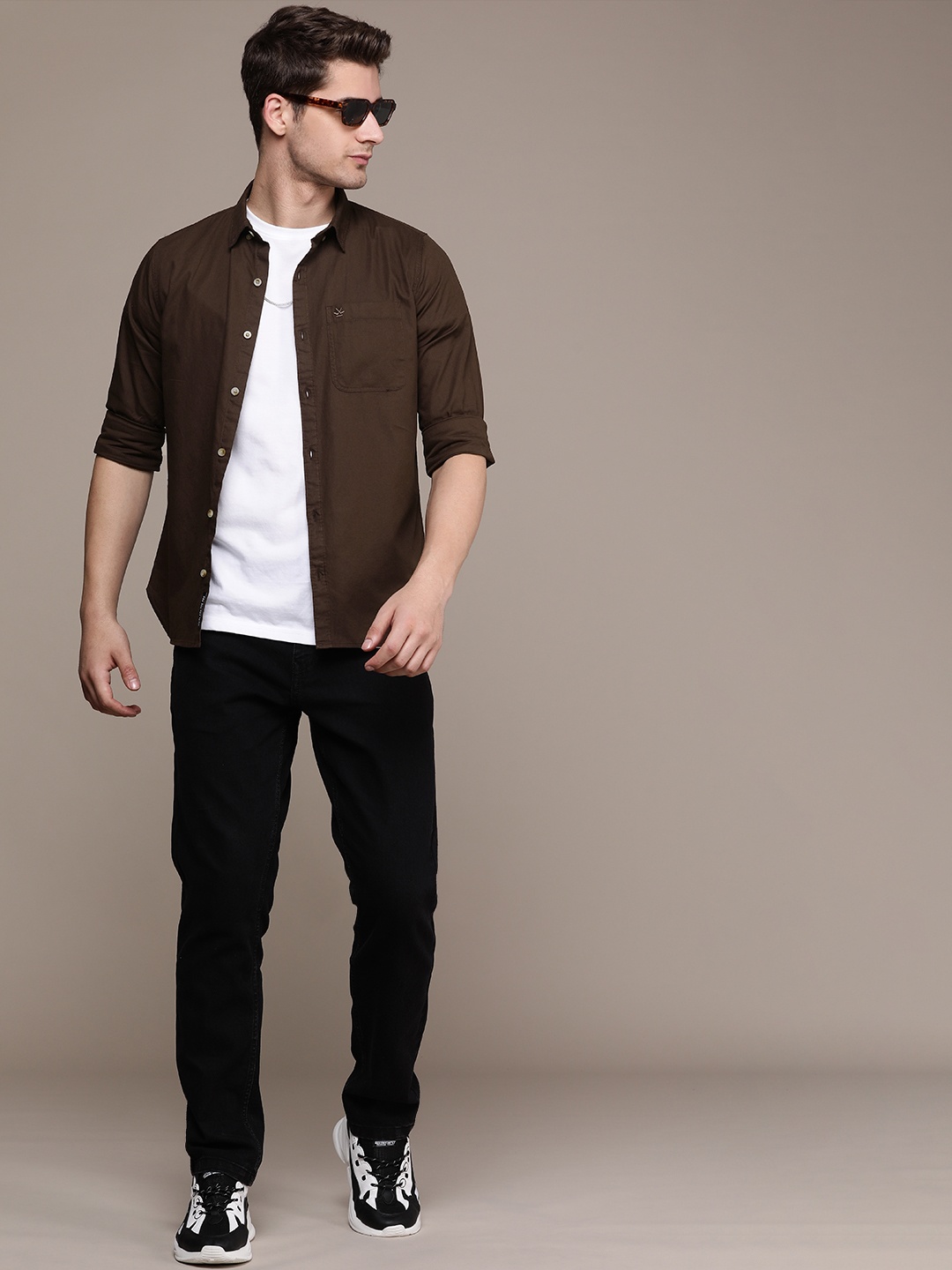 

WROGN Pure Cotton Slim Fit Casual Shirt, Brown
