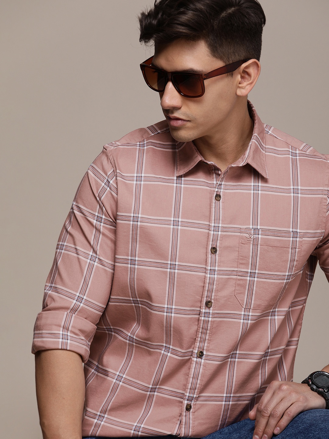 

WROGN Slim Fit Checked Casual Shirt, Mauve