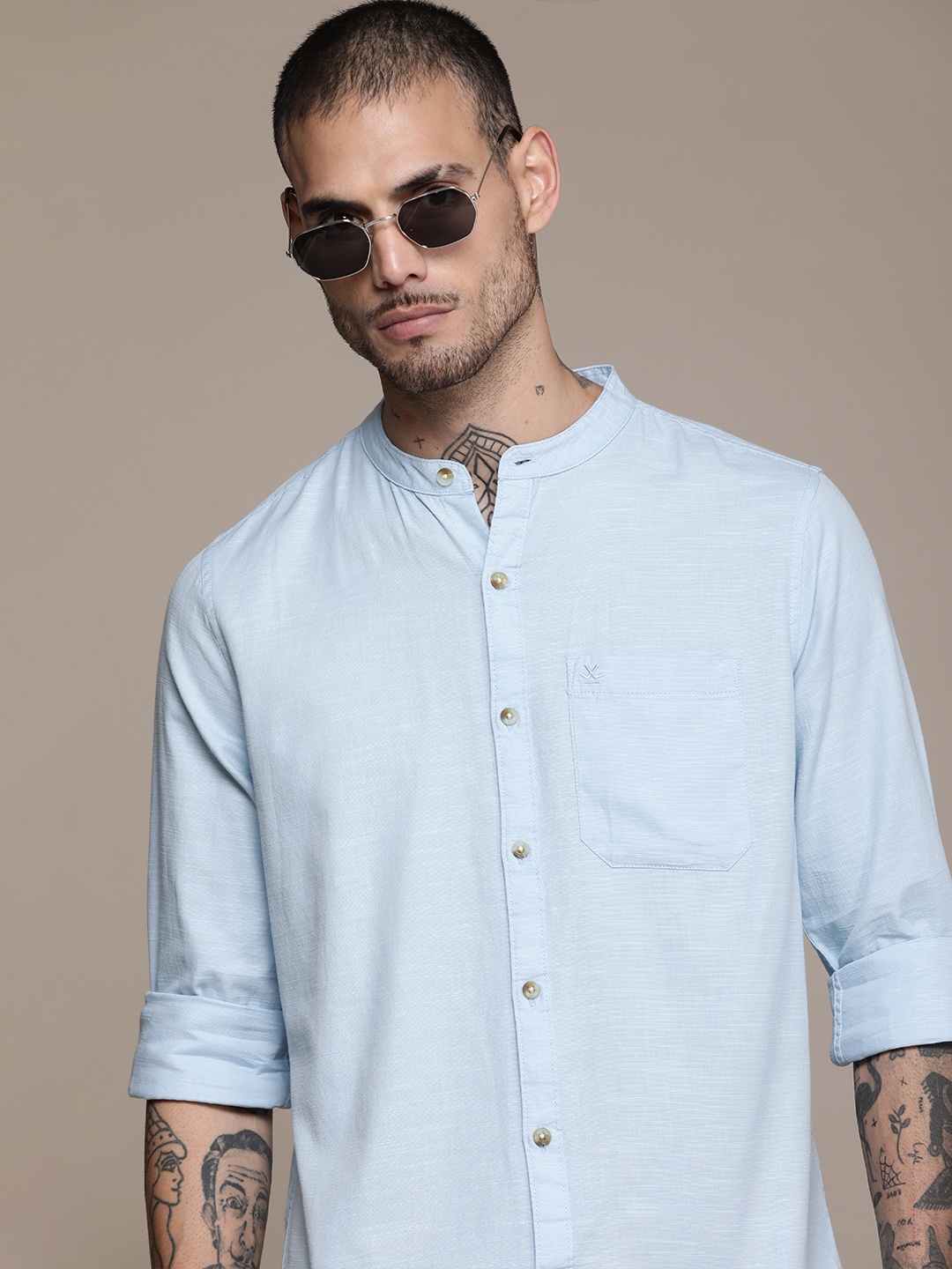 

WROGN Solid Slim Fit Pure Cotton Casual Shirt, Blue