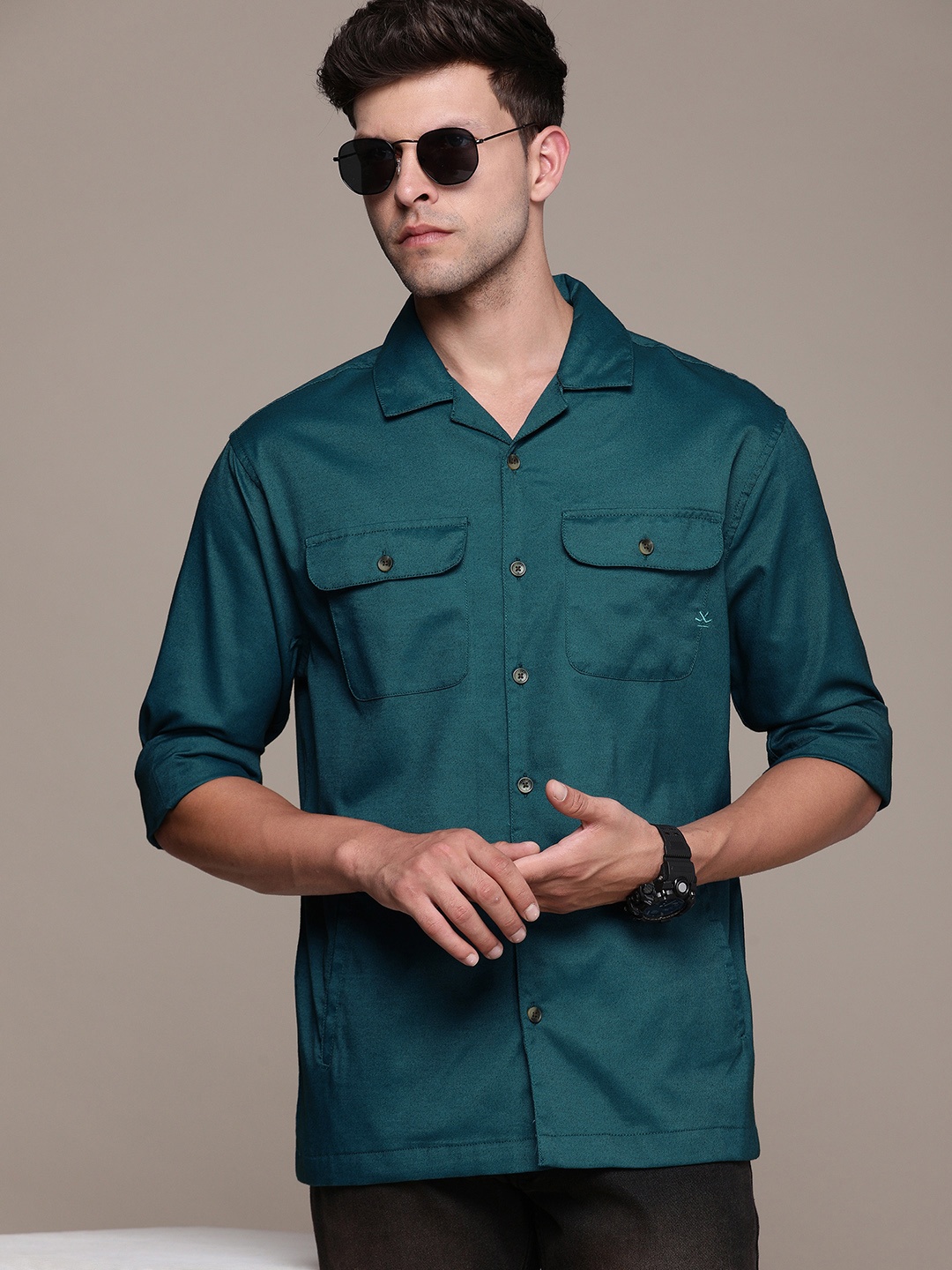 

WROGN Men Pure Cotton Casual Shirt, Teal