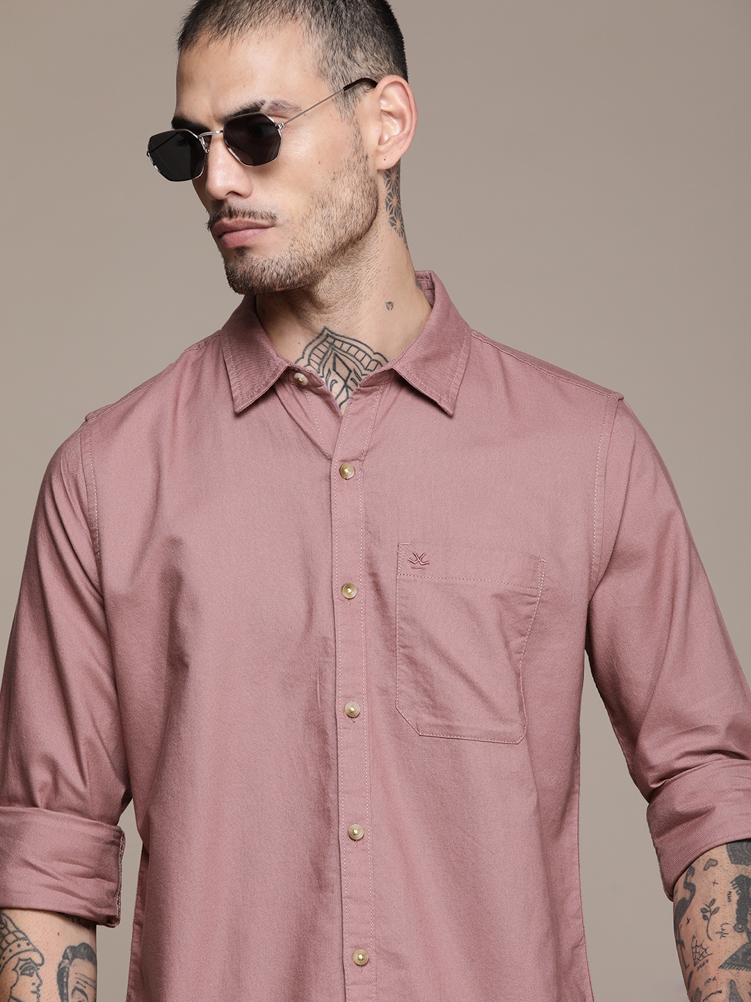 

WROGN Pure Cotton Slim Fit Opaque Casual Shirt, Mauve