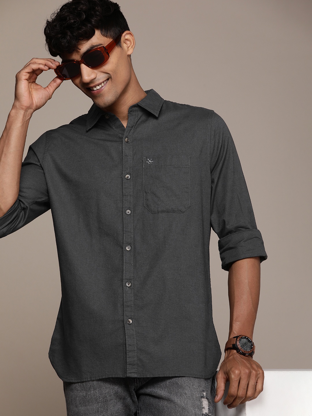 

WROGN Solid Slim Fit Pure Cotton Casual Shirt, Charcoal