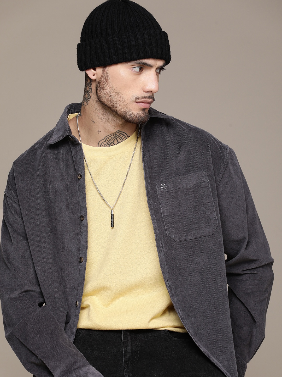 

WROGN Solid Drop-Shoulder Sleeves Oversized Casual Shirt, Grey