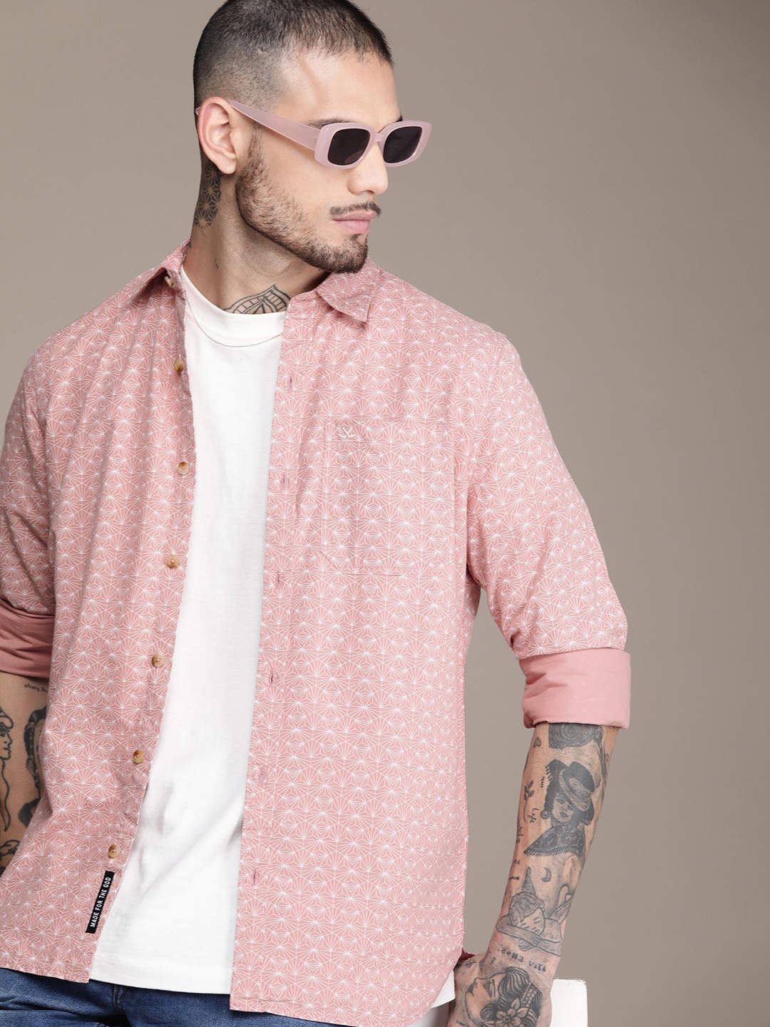 

WROGN Slim Fit Geometric Printed Pure Cotton Casual Shirt, Pink