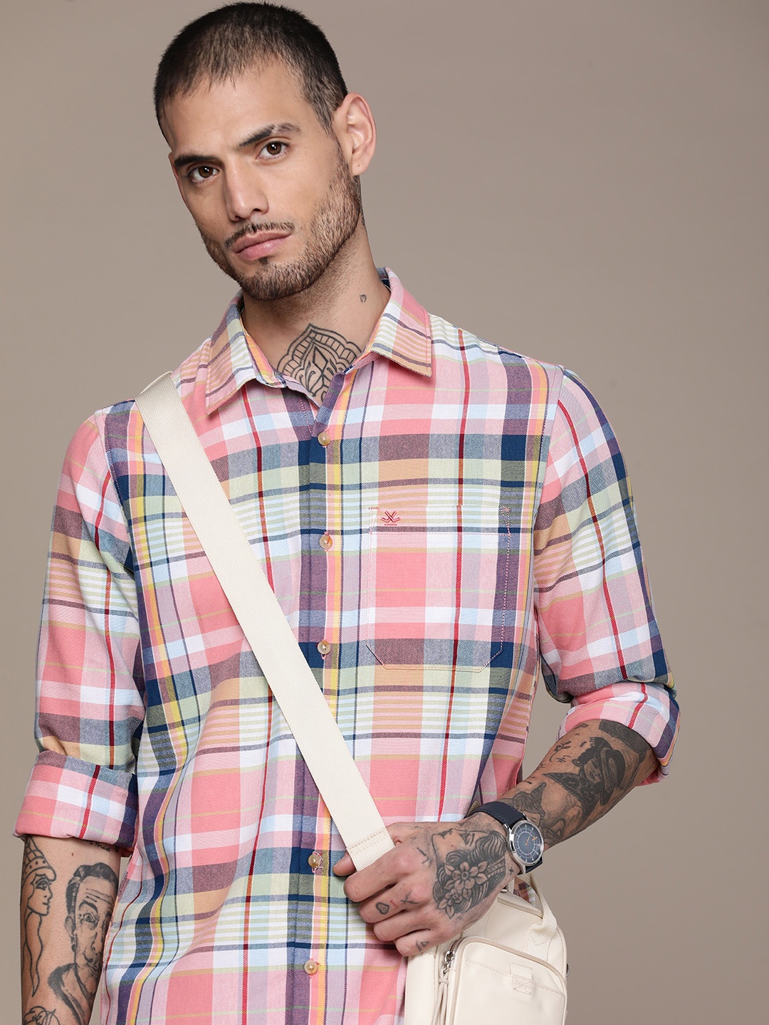 

WROGN Men Pure Cotton Tartan Checks Casual Shirt, White