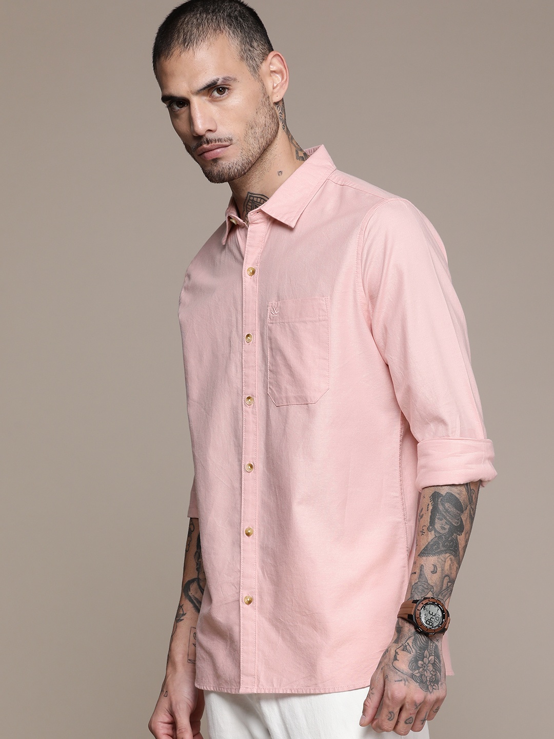 

WROGN Pure Cotton Slim Fit Opaque Casual Shirt, Pink