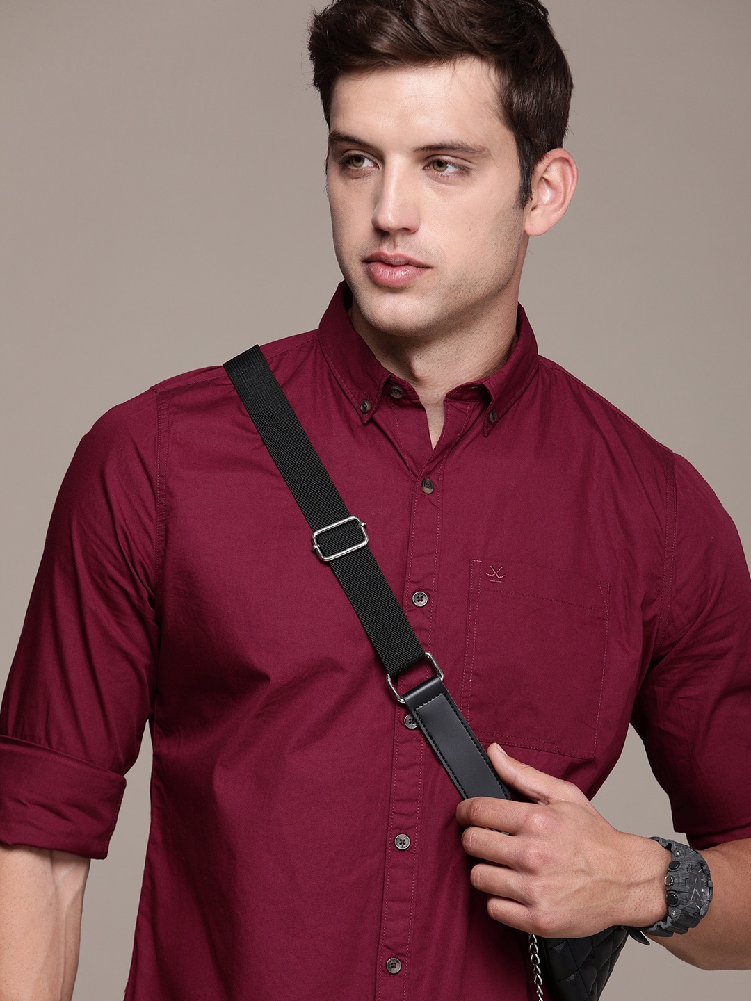 

WROGN Pure Cotton Slim Fit Casual Shirt, Maroon