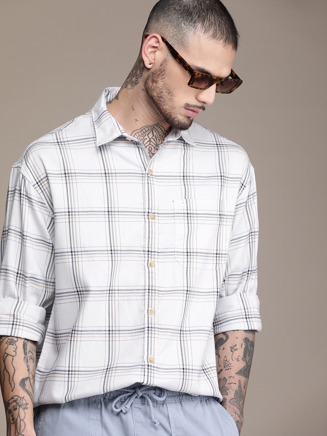 

WROGN Oversized Checked Casual Shirt, Off white
