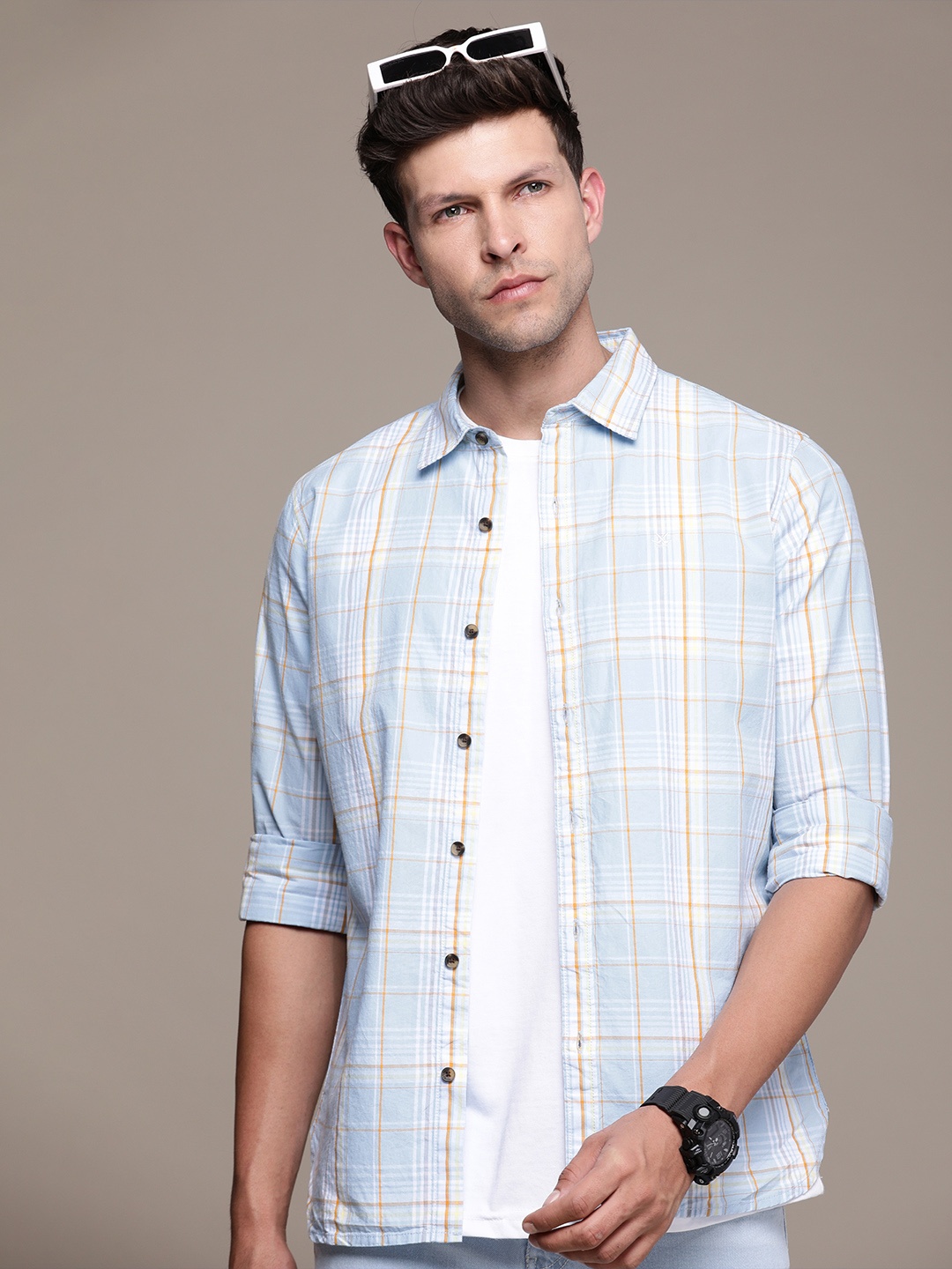 

WROGN Slim Fit Tartan Checked Pure Cotton Casual Shirt, Blue