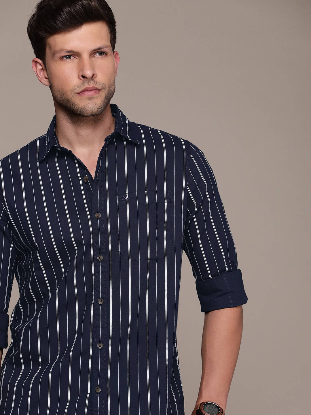 

WROGN Men Pure Cotton Striped Casual Shirt, Navy blue