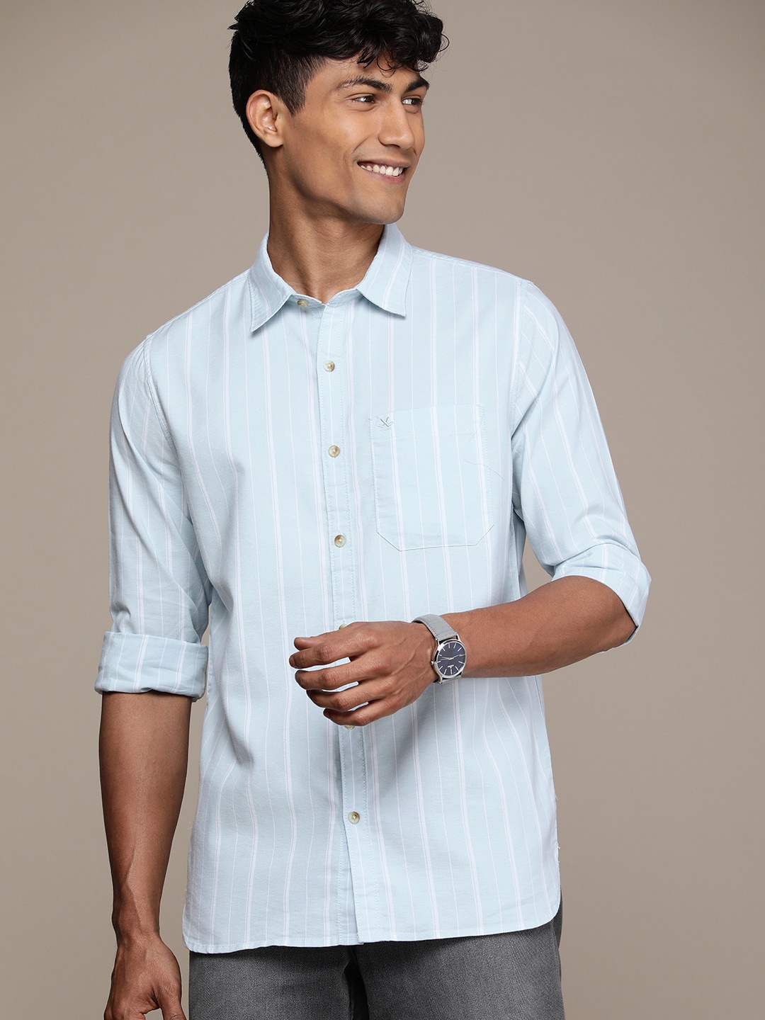 

WROGN Slim Fit Striped Casual Shirt, Blue