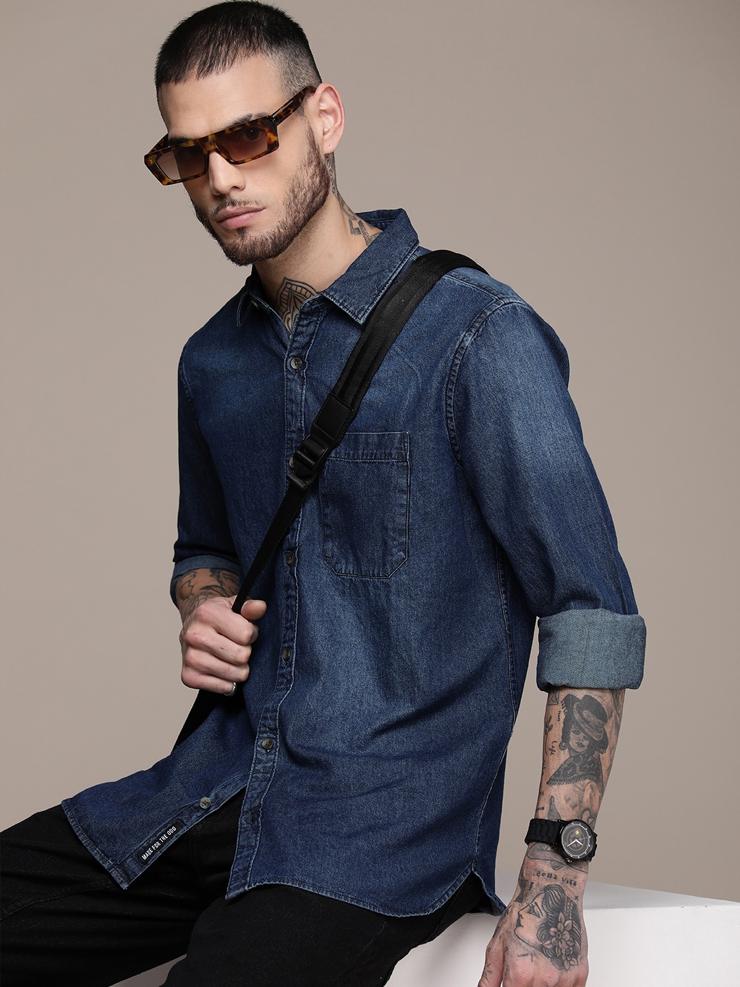 

WROGN Slim Fit Pure Cotton Chambray Casual Shirt, Blue