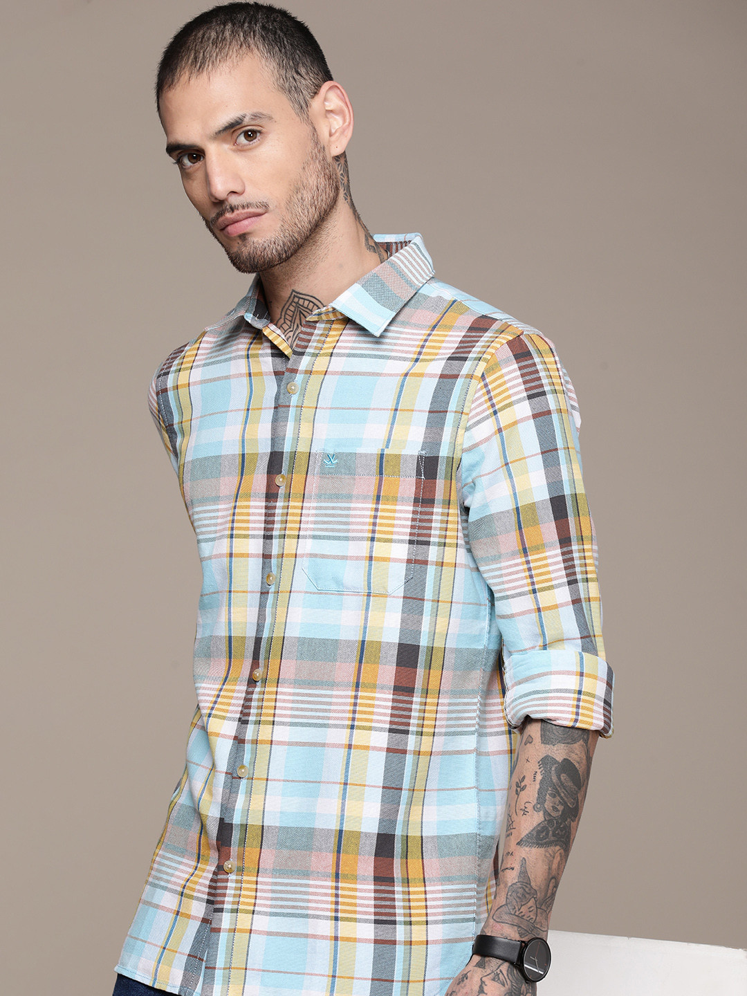 

WROGN Men Pure Cotton Tartan Checks Casual Shirt, Blue