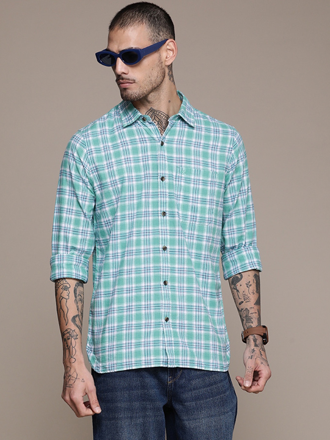 

WROGN Slim Fit Opaque Checked Casual Shirt, Green