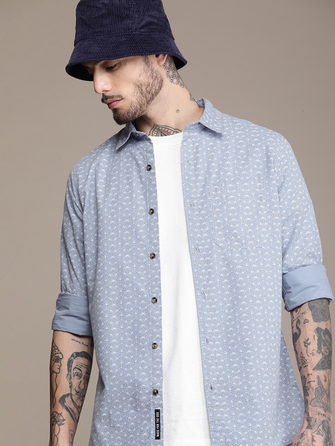 

WROGN Slim Fit Geometric Printed Pure Cotton Casual Shirt, Blue